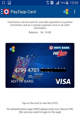 PayZapp Card Details